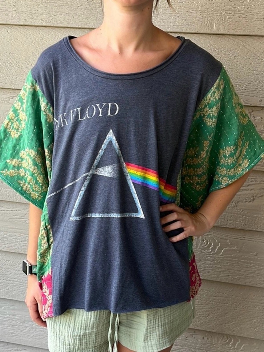 Pink Floyd Short Sleeve Tee in Charcoal with colored Kantha Sleeves